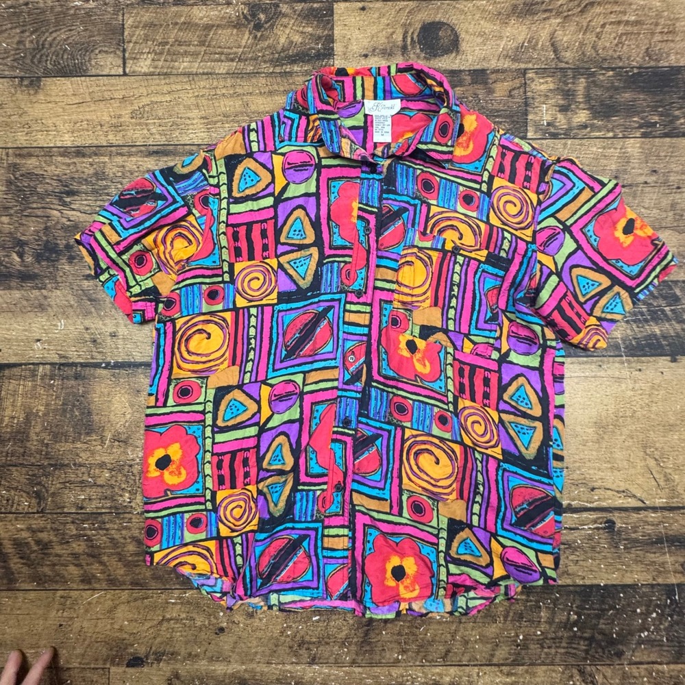 K Arnold Retro Silk Abstract Floral‎ Button Down Women's Size M Short Sleeve